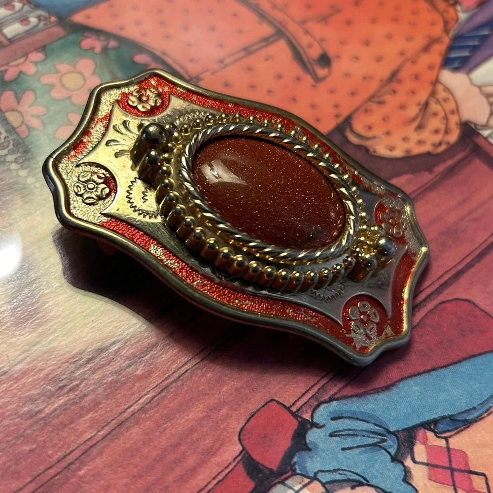 Vintage Gold Red Good Goldstone Western Floral Scroll Belt Buckle
